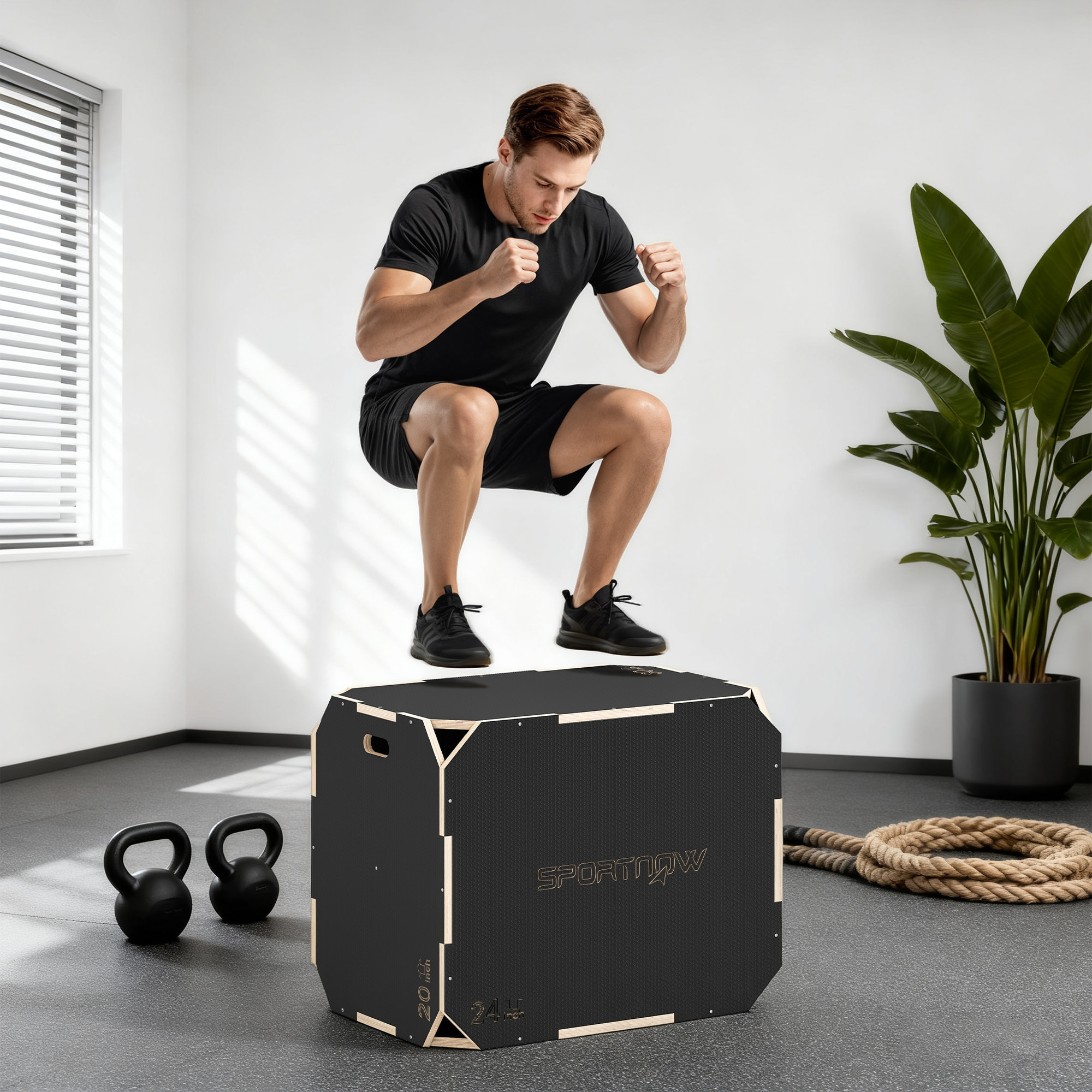 Cajón Pliométrico de Madera 3 en 1, Plataforma de Caja Pliométrica con 3 Alturas Ajustables 76/61/51 cm, Asas, sin Esquinas, Entrenamiento de Salto, Fuerza, para Casa, Gimnasio y Exterior
