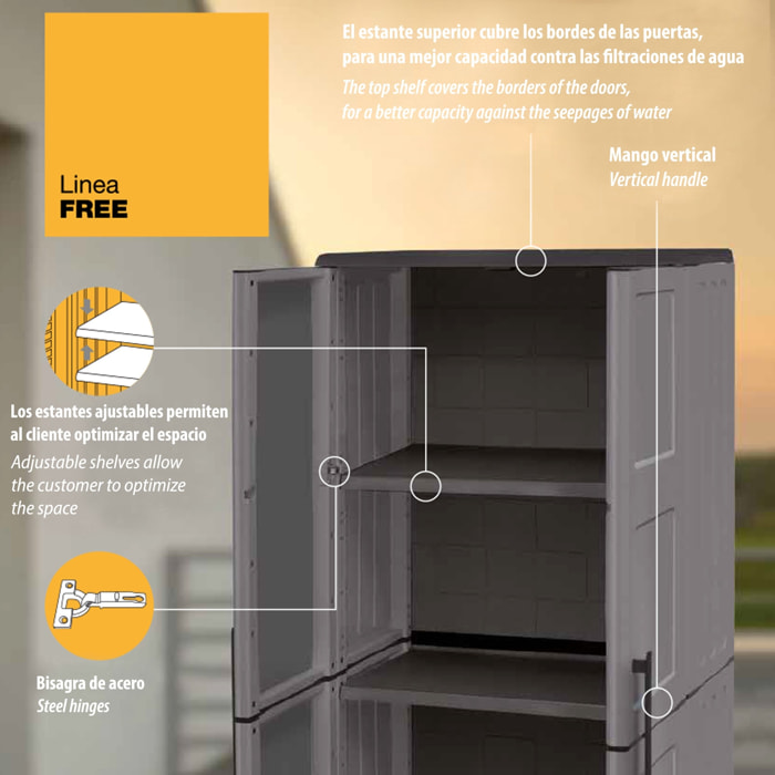Armario de mediana altura en polipropileno, material reciclable y eco-sostenible, equipado con bisagras de acero y balda regulable, dimensiones l 680