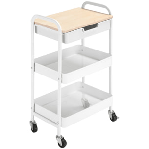 HOMCOM Carrito de Cocina con Ruedas Carro de Almacenamiento con Cajón Extraíble 2 Cestas y Frenos para Baño Salón Dormitorio 43,9x30,5x75,6 cm Blanco