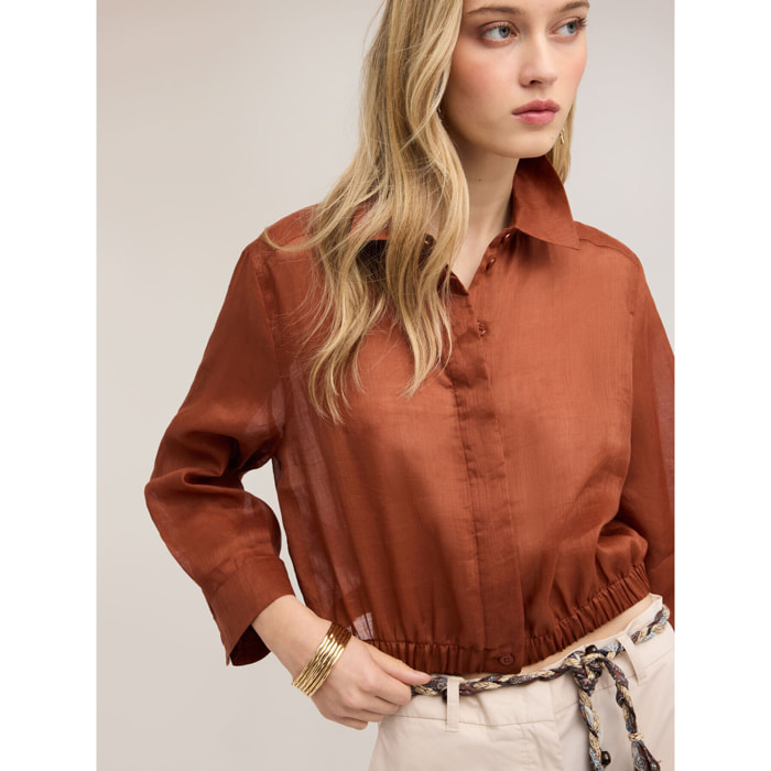 Motivi - Camicia corta in mussola di ramie - Marrone