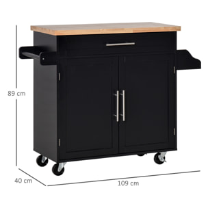 Carrito de Cocina con Armario con Puertas y Estante Interior Ajustable Cajón Barra y Especiero Móvil Aparador Auxiliar con Ruedas para Comedor 109x40x89 cm Negro