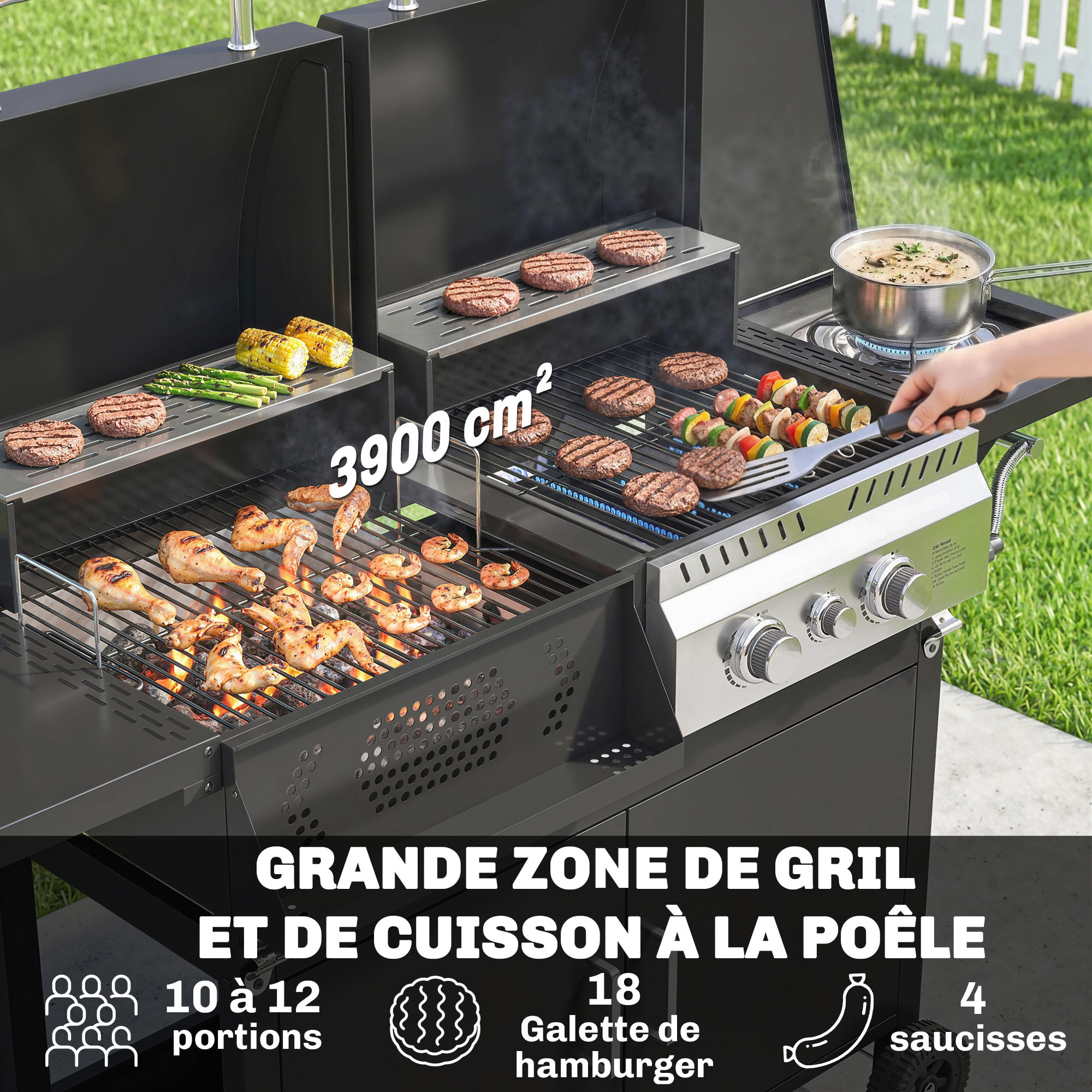 Barbecue hybride gaz et charbon de bois barbecue mixte 2 en 1 avec 3 brûleurs et feu latéral thermomètre - acier - noir