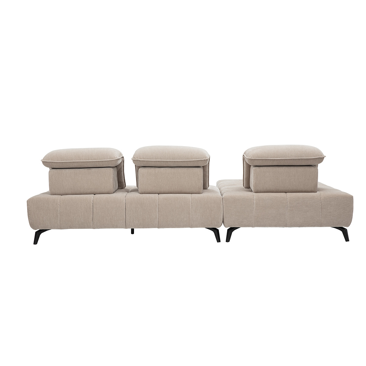 Canapé modulable 4 places avec têtières ajustables en tissu effet velours taupe et métal noir OLMO