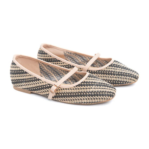 Ballerina in rafia con cinturino - NERO/BEIGE