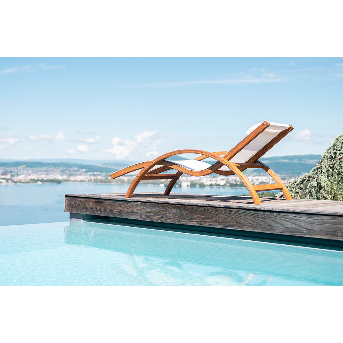 Chaise longue bain de soleil blanc cassé et bois massif BIARRITZ