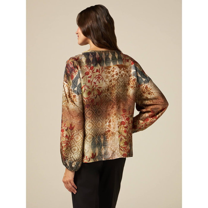 Oltre - Blusa in viscosa fantasia patchwork - Beige