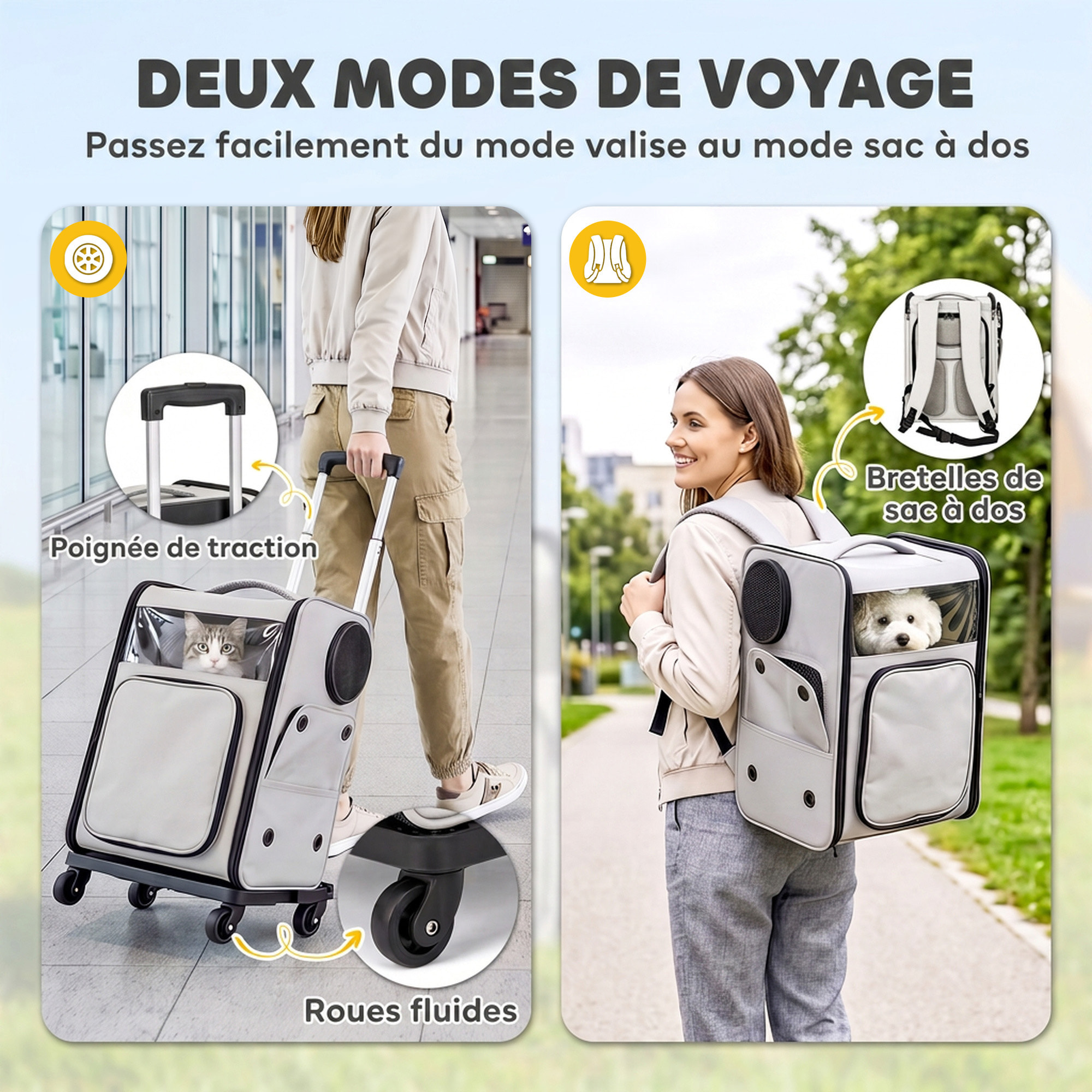 Sac de transport trolley télescopique amovible chien chat gris clair noir