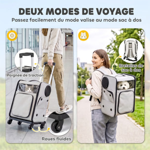Sac de transport trolley télescopique amovible chien chat gris clair noir