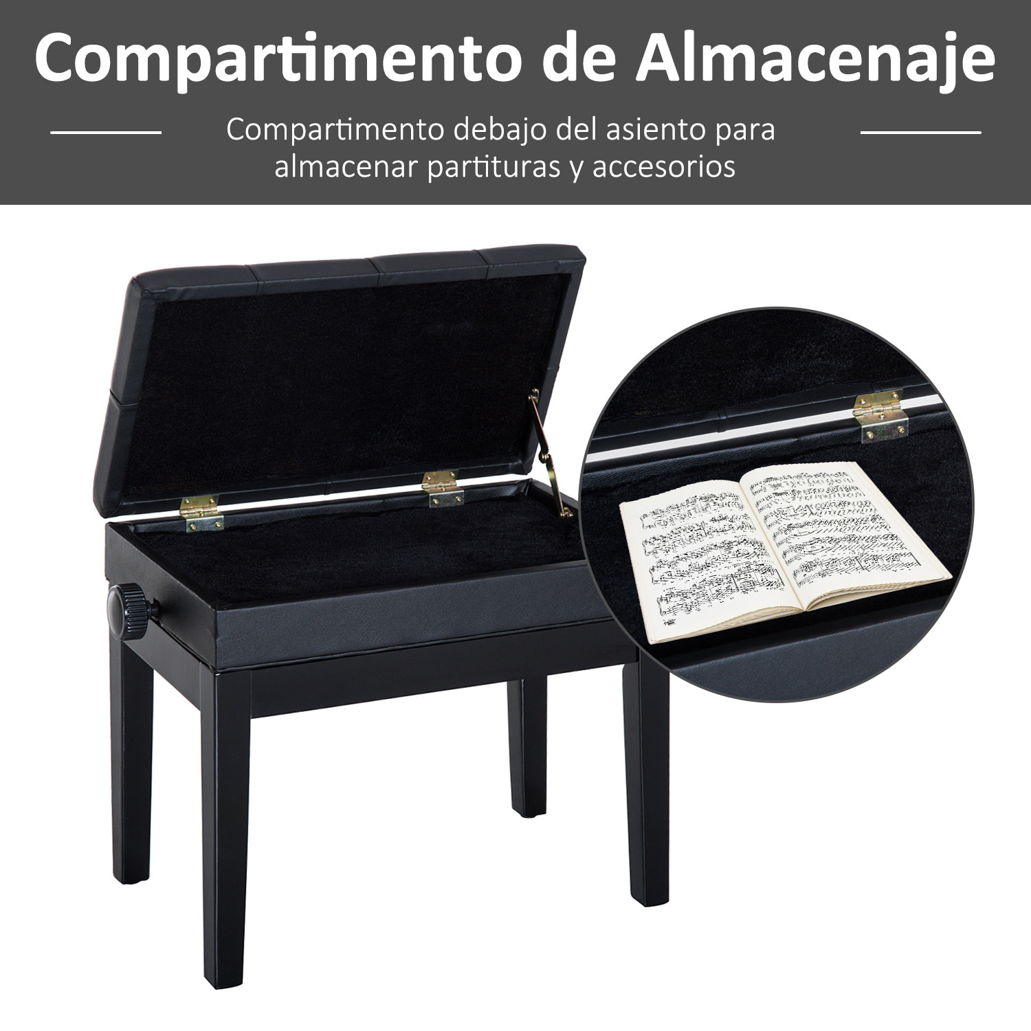 Banco de Piano Taburete Piano con Espacio de Almacenamiento Altura Regulable