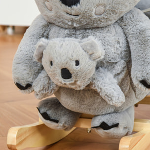 Jouet à bascule koala avec marionnette - effet sonore rugissement - fauteuil intégré, ceinture de sécurité - bois peuplier peluche courte polyester gris