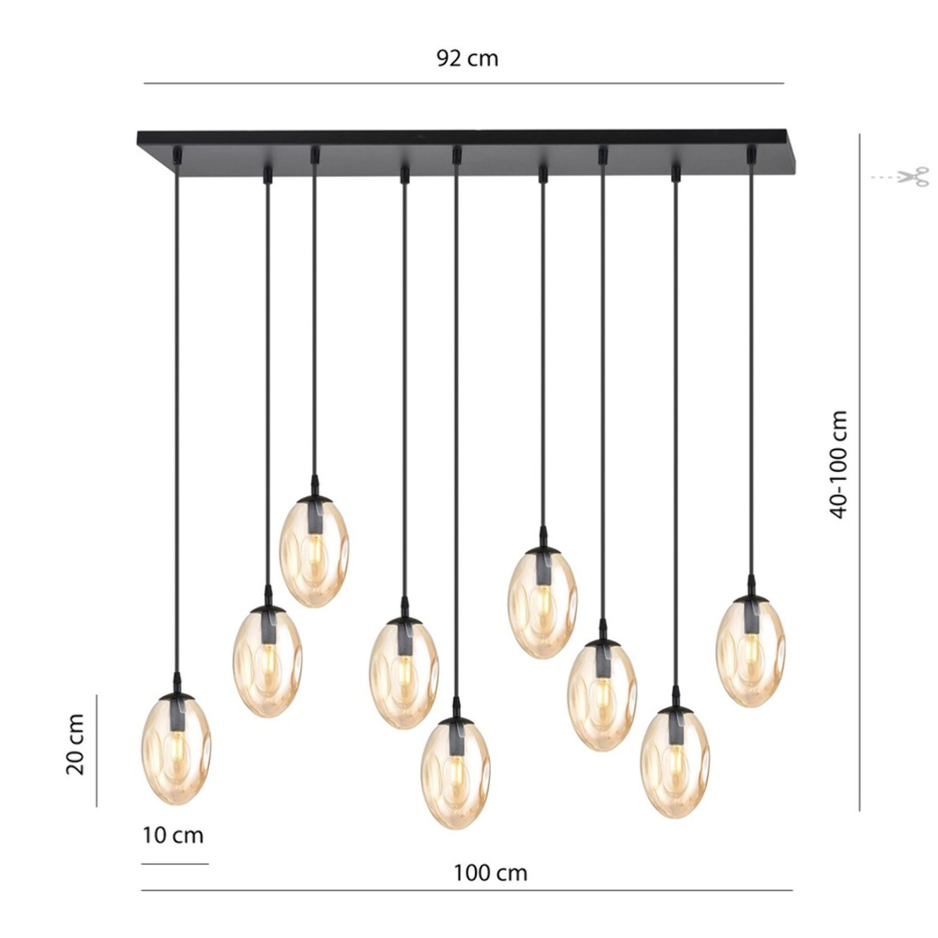 Lampada a sospensione Astral con nove diffusori in vetro ambra