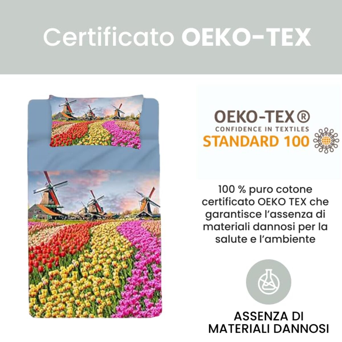 INTRECCI Set Lenzuola Singolo in Cotone, Stampa Alta Qualità, Lenzuolo Sotto + Lenzuolo Sopra + 1 Federa, Comfort, Morbidezza, per Pelli Sensibili, non Stringe in Lavatrice. Fantasia: Olanda