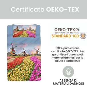 INTRECCI Set Lenzuola Singolo in Cotone, Stampa Alta Qualità, Lenzuolo Sotto + Lenzuolo Sopra + 1 Federa, Comfort, Morbidezza, per Pelli Sensibili, non Stringe in Lavatrice. Fantasia: Olanda