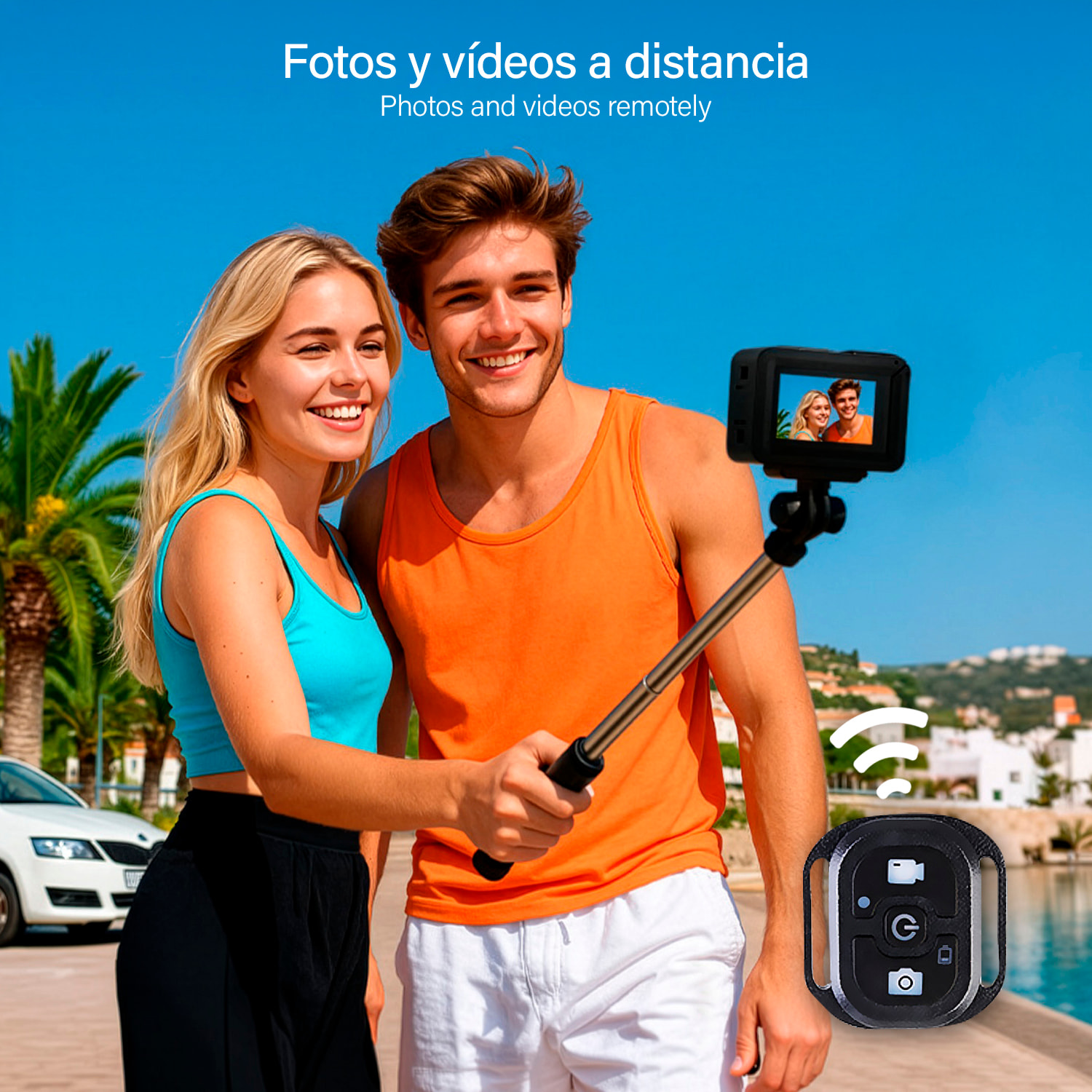 Cámara deportiva WIFI M90TR doble pantalla ultra HD de 2.2" y HD de 1.4", vídeo hasta 5K 60FPS y fotografías de hasta 64 MP. Zoom digital 5x, múltiples modos de foto y vídeo. Sumergible 30M.