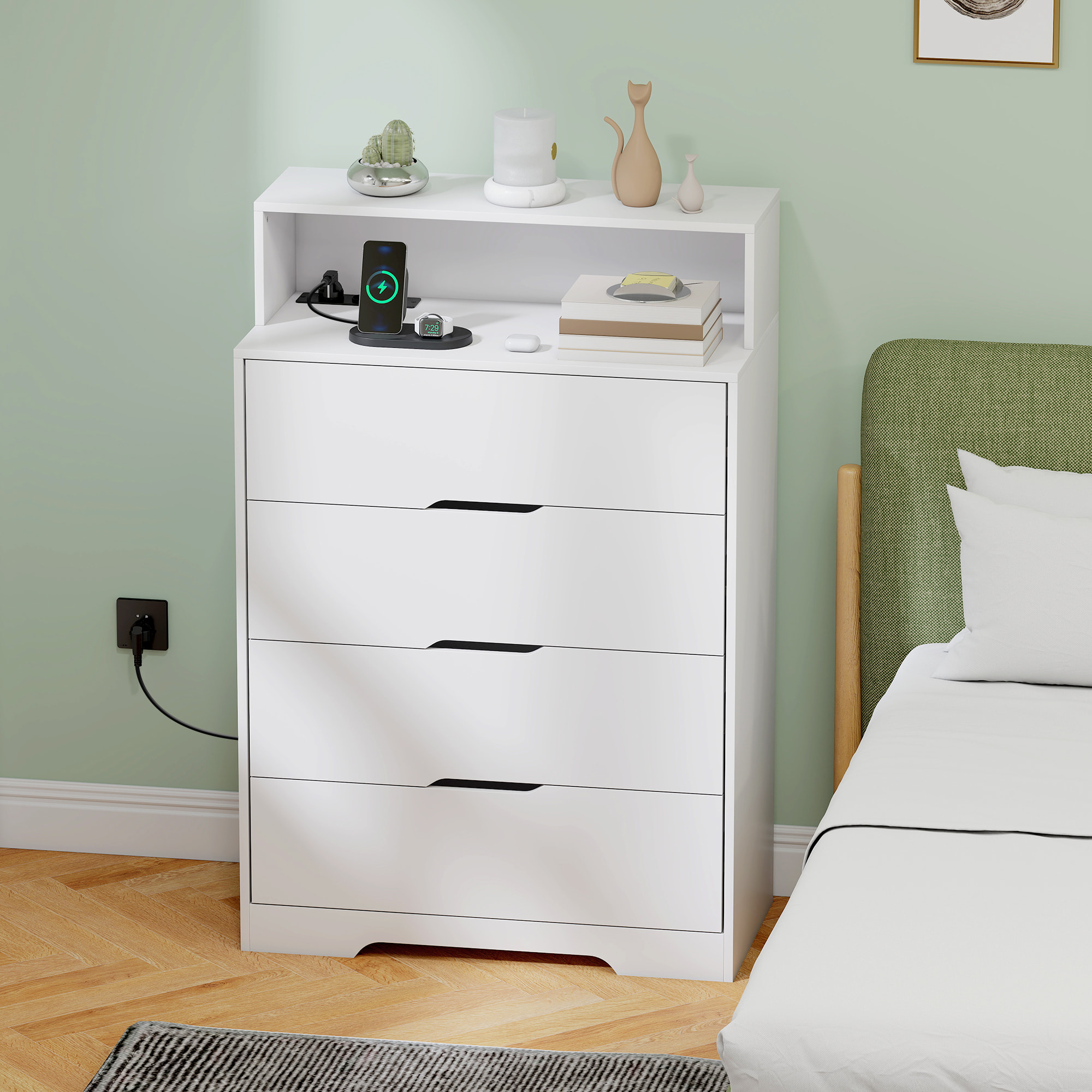 Cómoda de 4 Cajones con Estación de Carga, Cajonera para Dormitorio con Puerto USB, Puerto USB-C, Estante Abierto, 80x40x120 cm, Blanco