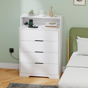 Cómoda de 4 Cajones con Estación de Carga, Cajonera para Dormitorio con Puerto USB, Puerto USB-C, Estante Abierto, 80x40x120 cm, Blanco