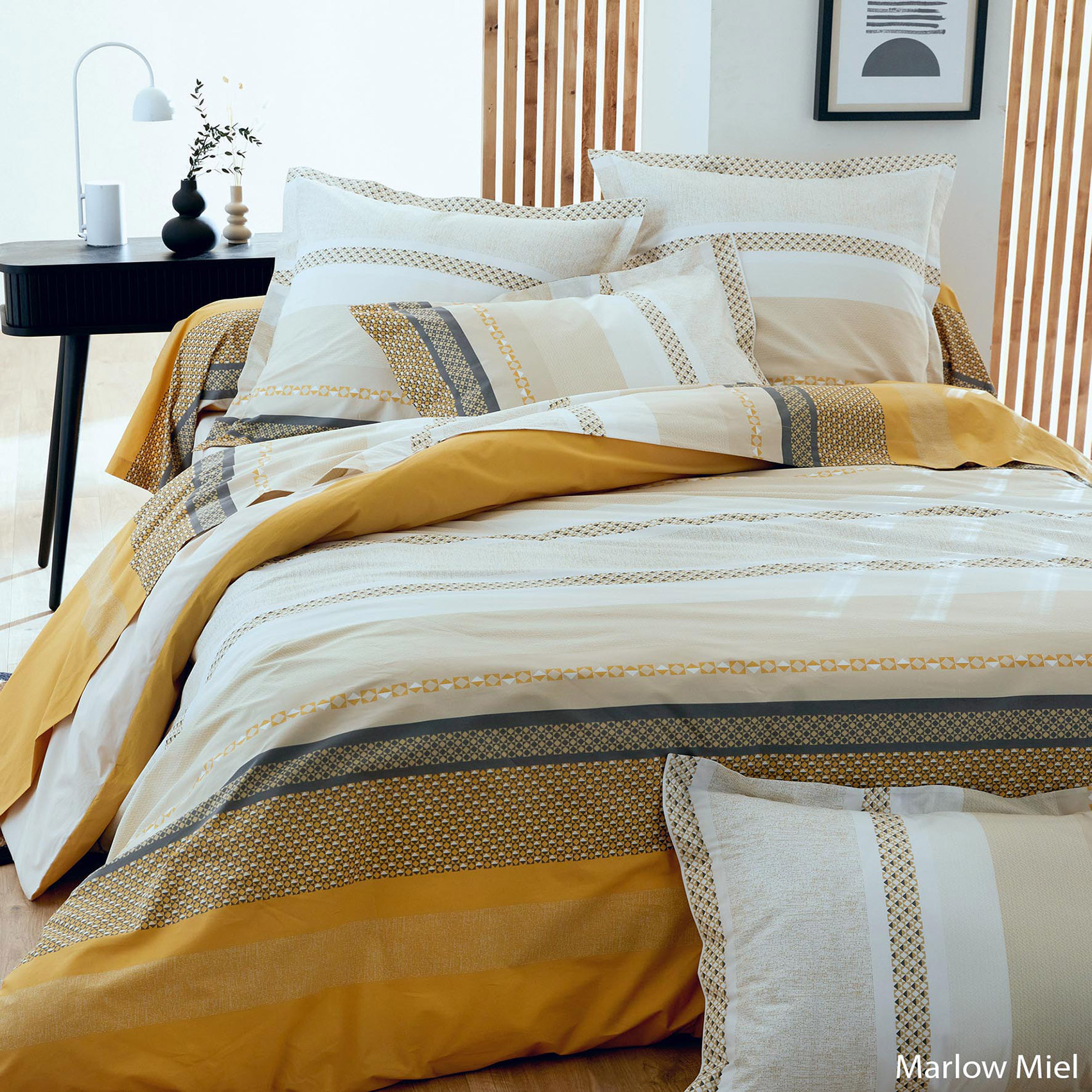 Drap plat en percale de coton au style ethnique chic - Jaune