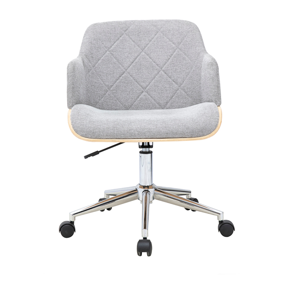Chaise de bureau à roulettes design en tissu effet velours texturé gris, bois clair et acier chromé SANDRO