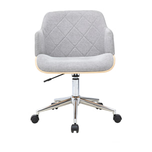 Chaise de bureau à roulettes design en tissu effet velours texturé gris, bois clair et acier chromé SANDRO