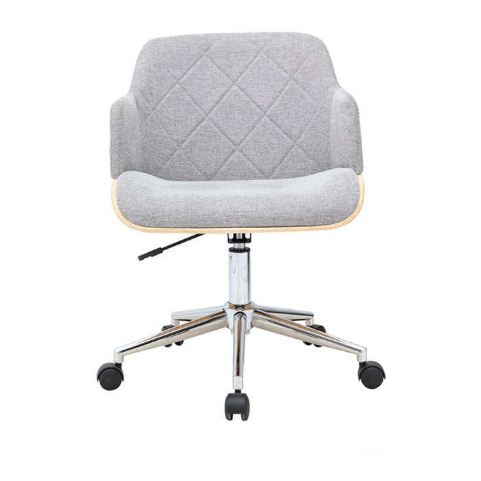 Chaise de bureau à roulettes design en tissu effet velours texturé gris, bois clair et acier chromé SANDRO