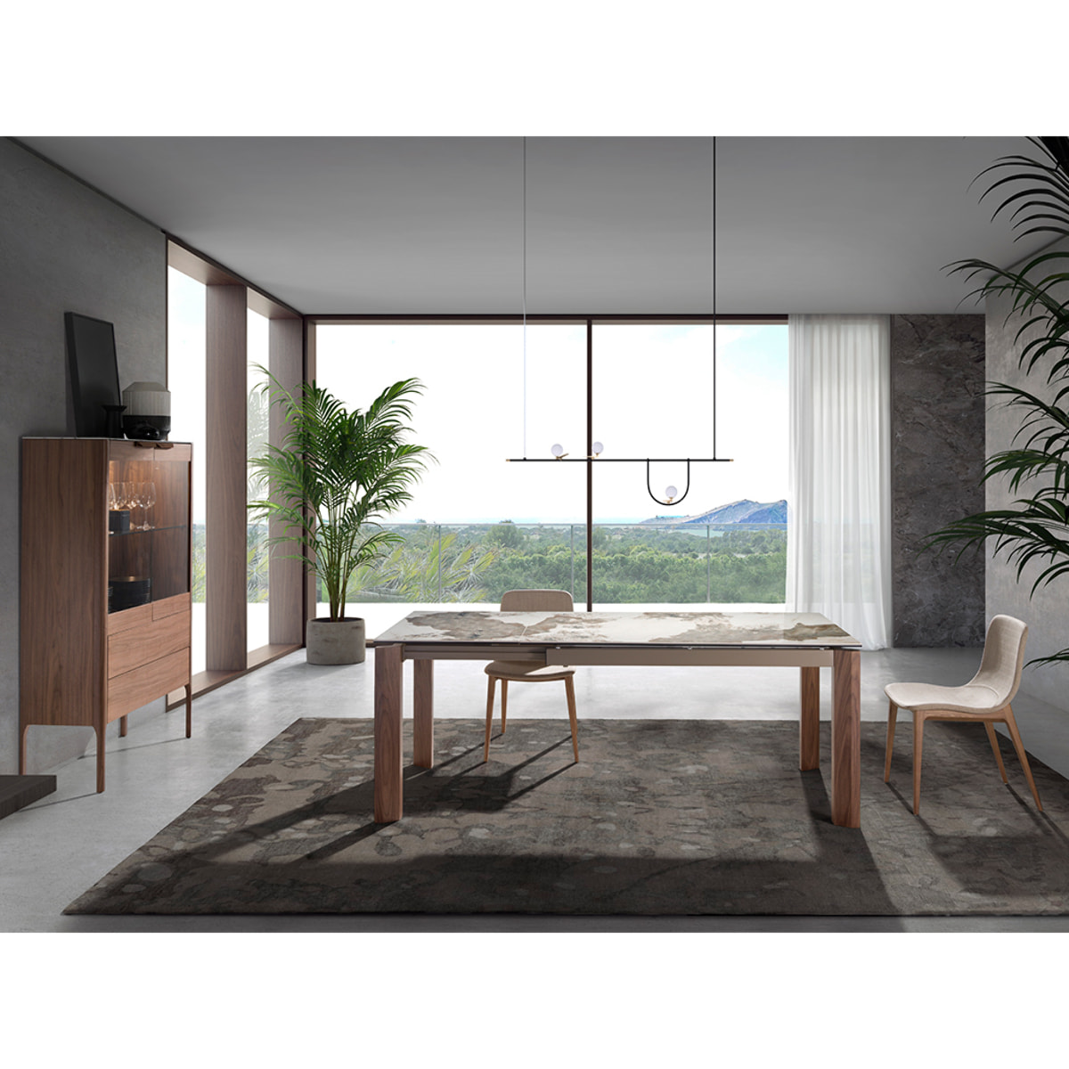 Mesa comedor extensible rectangular con tapa de mármol porcelánico blanco con vetas en tonos tierra en acabado brillo 140x90x76cm
