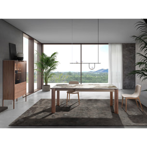 Mesa comedor extensible rectangular con tapa de mármol porcelánico blanco con vetas en tonos tierra en acabado brillo 140x90x76cm