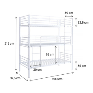 Lit triple superposé metal "Havin" - 90 x 190 cm - Blanc