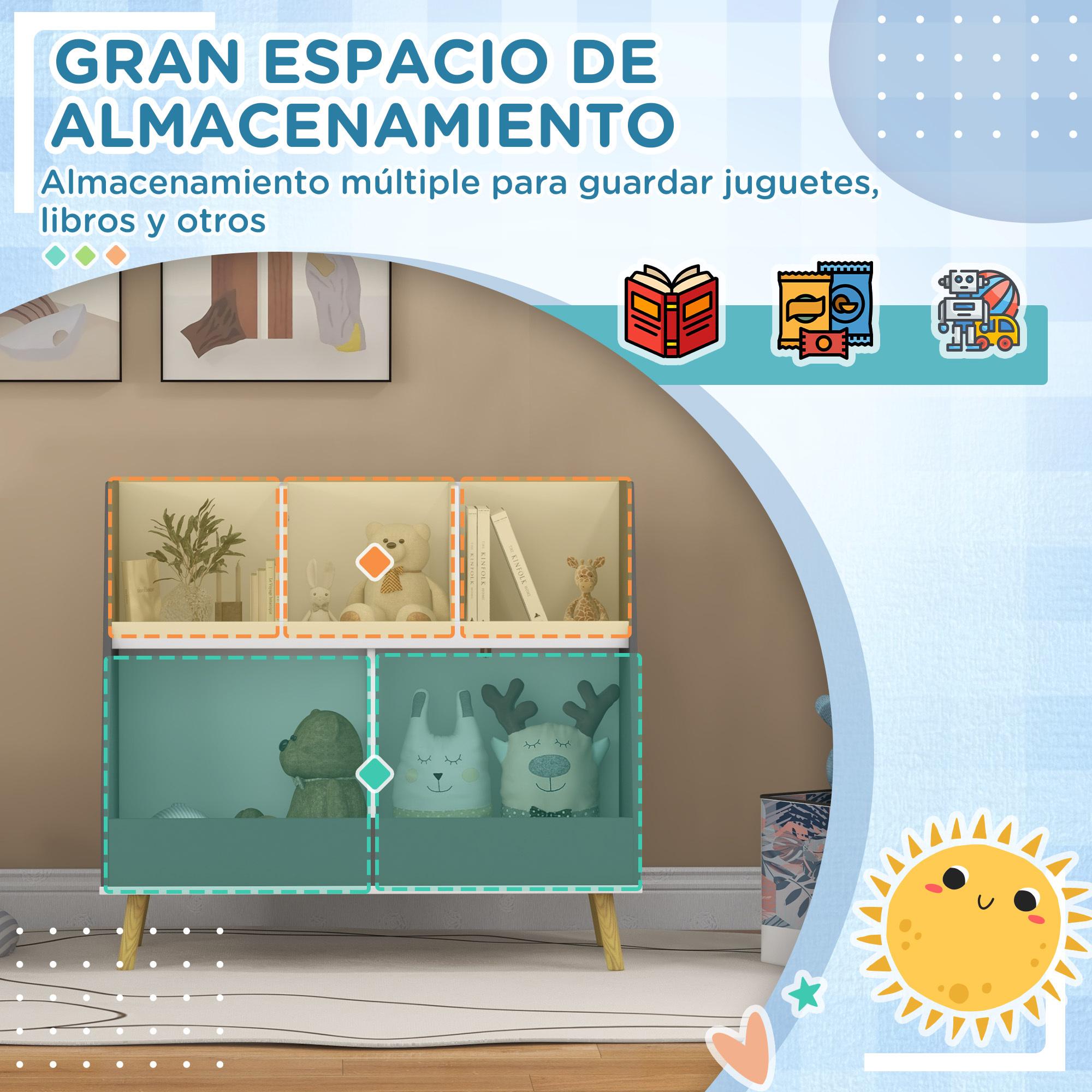 Estantería para Juguetes para Niños Organizador Infantil de 2 Niveles con 5 Compartimentos y Patas de Madera de Pino para Guardería Sala de Juegos 80x34x72,5 cm Gris y Blanco