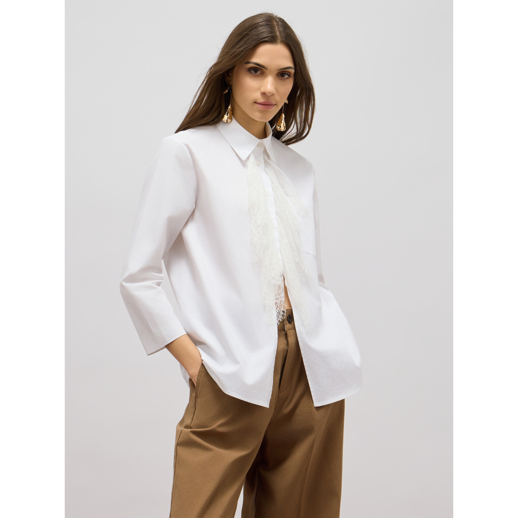 Oltre - Camicia oversize in cotone con pizzo - Bianco
