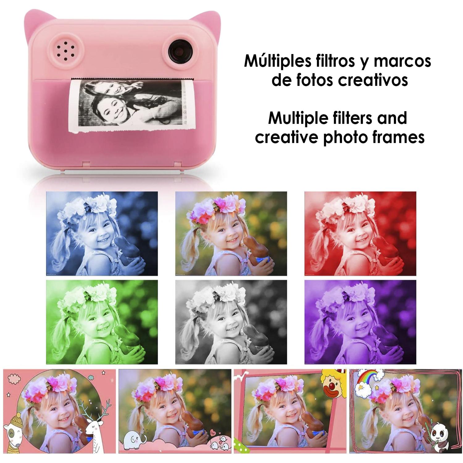 Cámara digital de fotos 12mpx y video FullHD para niños. Impresión instantánea de tus fotos preferidas. Doble cámara, para selfies.