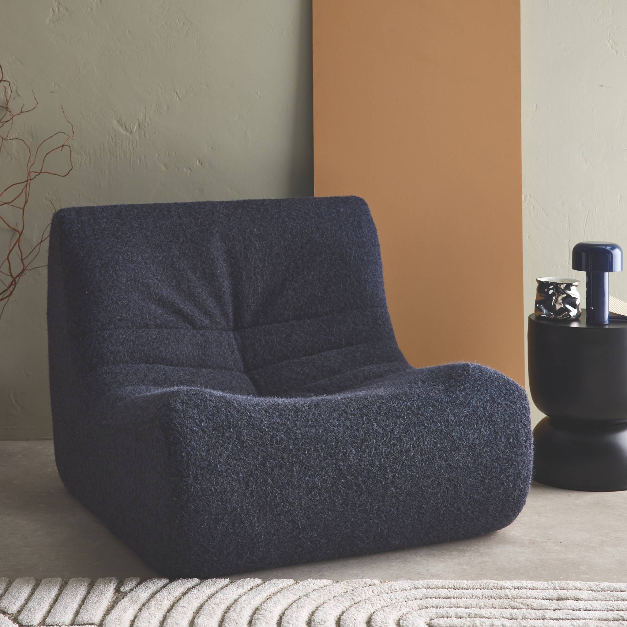 Chauffeuse tissu effet alpaca 1 place. bleu foncé. style contemporain. L 91 x P 105 x H 72cm