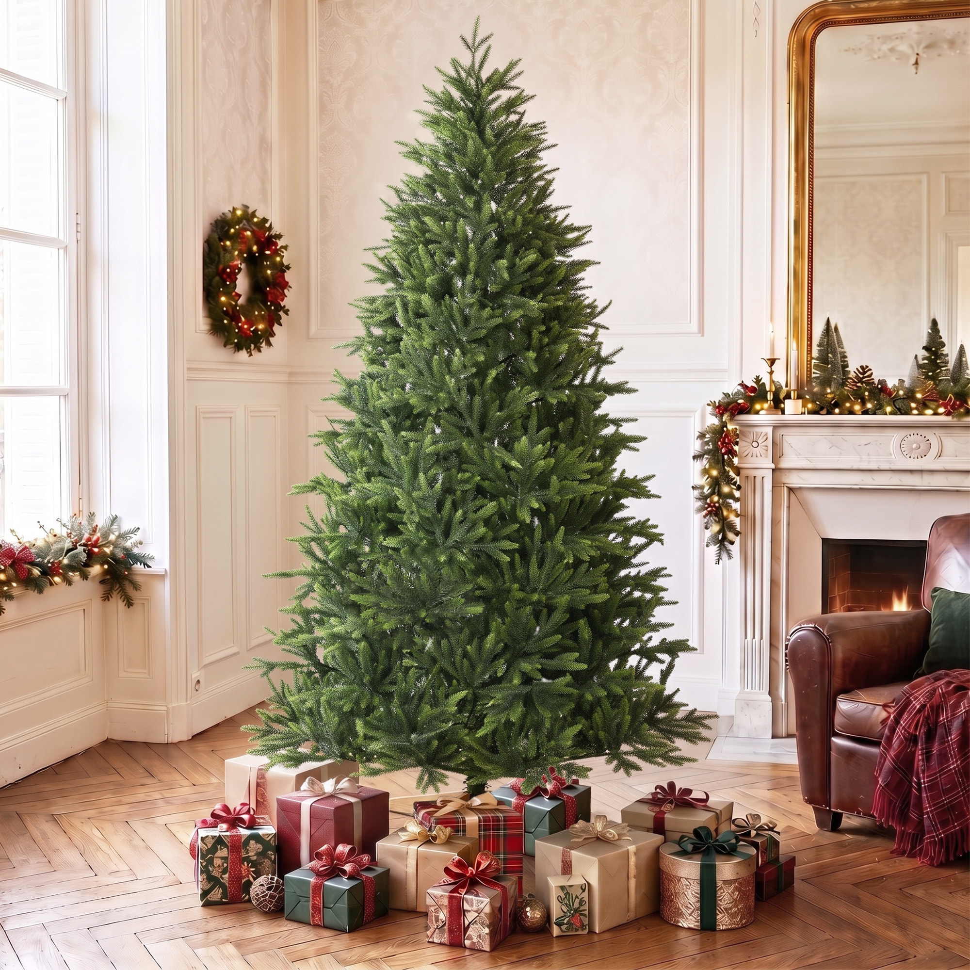 Sapin de Noël artificiel touffu grande taille H.210cm épicéa piètement bois