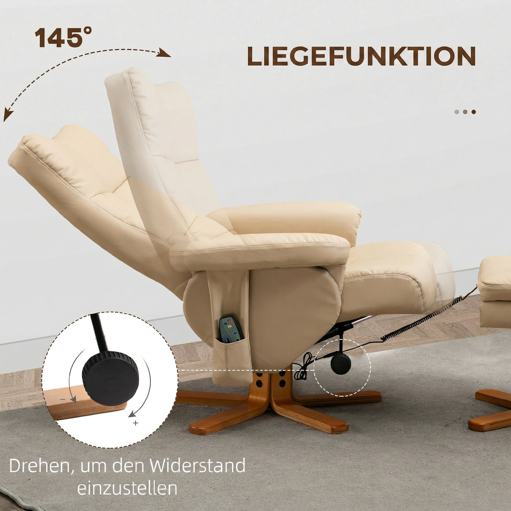 Sillón Relax Reclinable con Reposapiés Sillón de Masaje Eléctrico de PU con 10 Puntos de Masaje Función Reclinable Giratorio 360° Mando a Distancia Bolsillo Lateral para Salón Oficina Crema