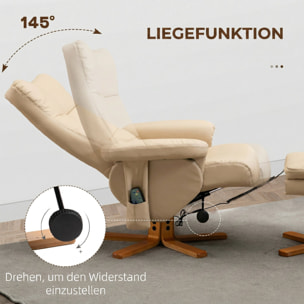 Sillón Relax Reclinable con Reposapiés Sillón de Masaje Eléctrico de PU con 10 Puntos de Masaje Función Reclinable Giratorio 360° Mando a Distancia Bolsillo Lateral para Salón Oficina Crema