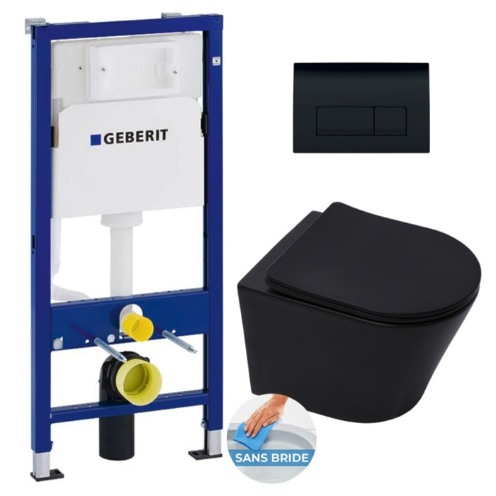 Pack WC sans bride Infinitio Noir mat + Abattant softclose + Bâti support Geberit UP100 + Plaque Noir mat