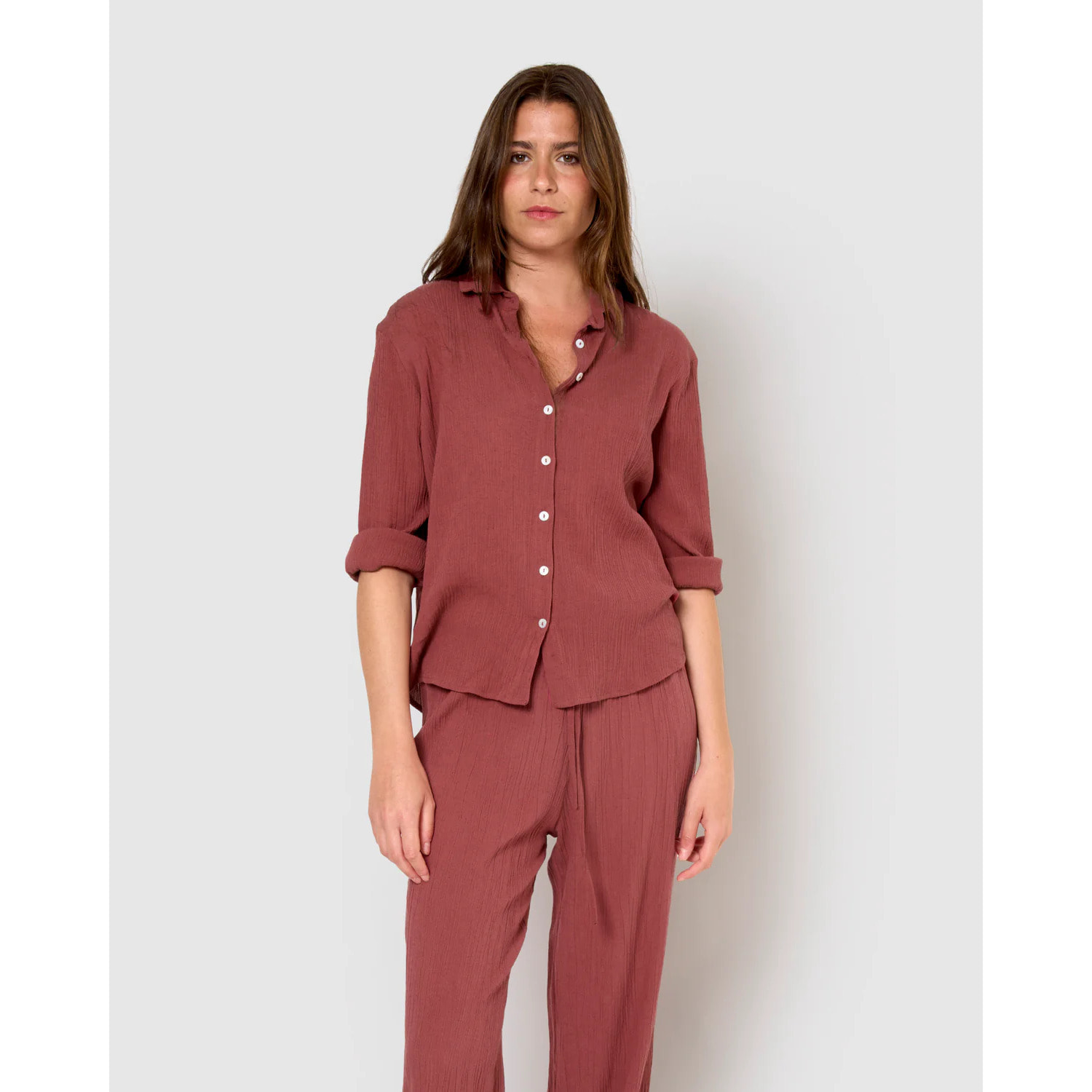 Camisa algodón lino malva/rosa