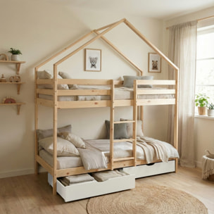 Lit enfant superposé cabane 90 x 190 cm pin naturel avec tiroirs de rangement ROYA