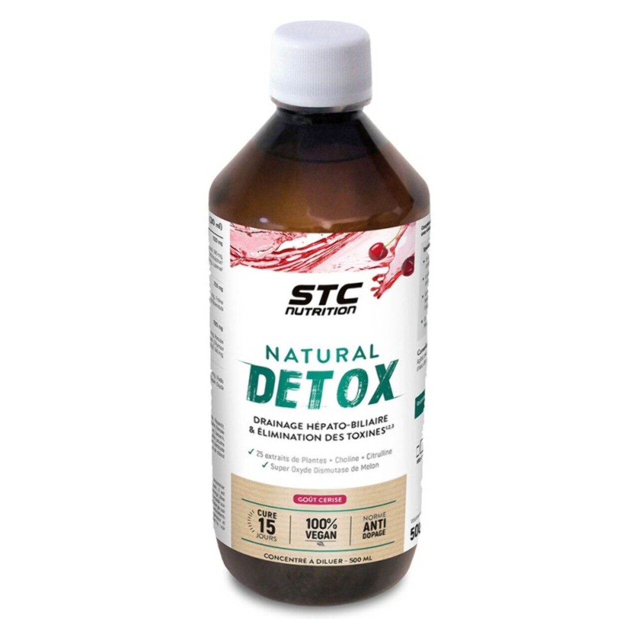 STC NUTRITION - Natural Detox - Concentré à diluer à base d'extraits de plantes - Elimination des toxines - Drainage hépato-biliaire - Vegan - Cure 15j - Goût cerise - Flacon 500ml
