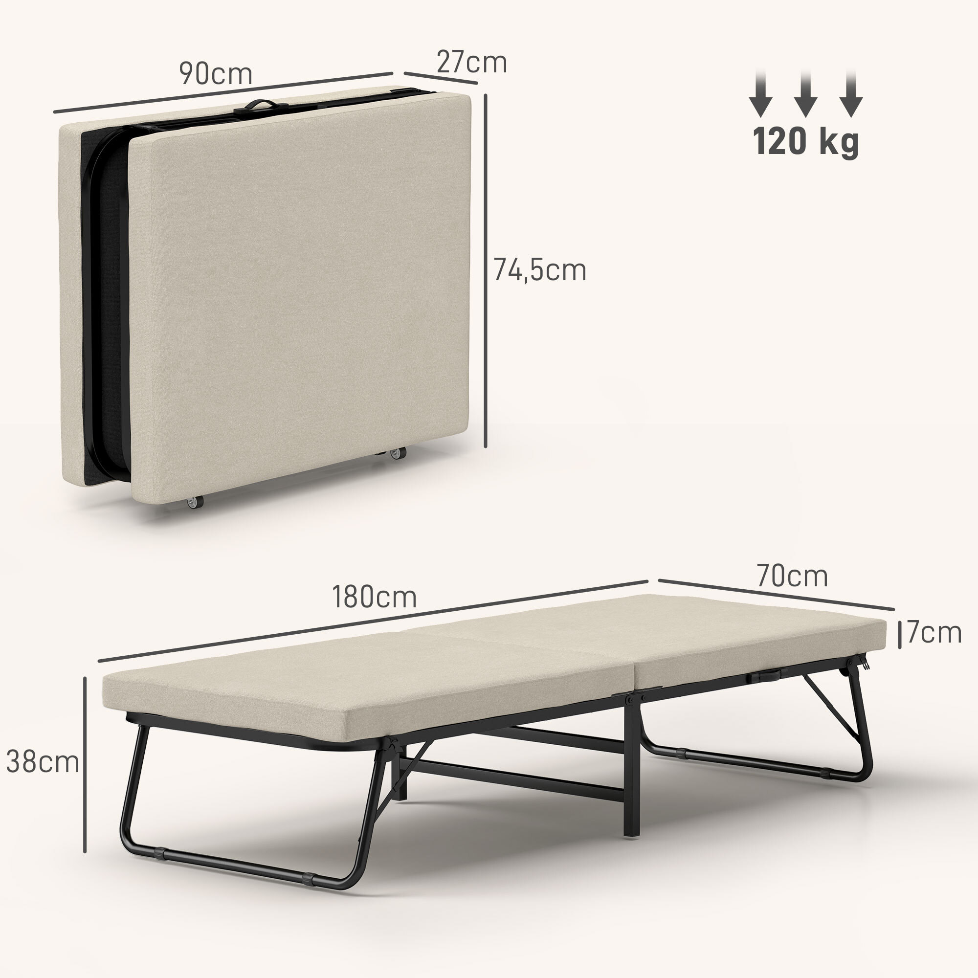 Cama Plegable 70x180 cm con Colchón de Espuma Mueble Cama Plegable con Respaldo Ajustable en 5 Posiciones y Ruedas Cama de Invitados Carga 120 kg