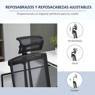 Vinsetto Silla de Oficina Ergonómica Silla de Malla Giratoria y Reclinable con Altura Ajustable Reposabrazos Reposacabezas y Soporte Lumbar Regulable 66,5x66x109-118 cm Negro