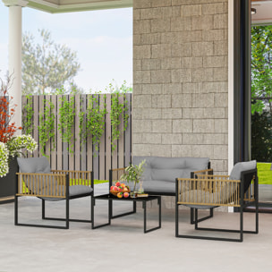 Conjunto de Jardín Exterior de Ratán Sintético de 4 Piezas Muebles de Jardín Exterior Incluye Sofá de 2 Plazas 2 Sillones 1 Mesa de Centro de Vidrio con Cojines Gris y Natural