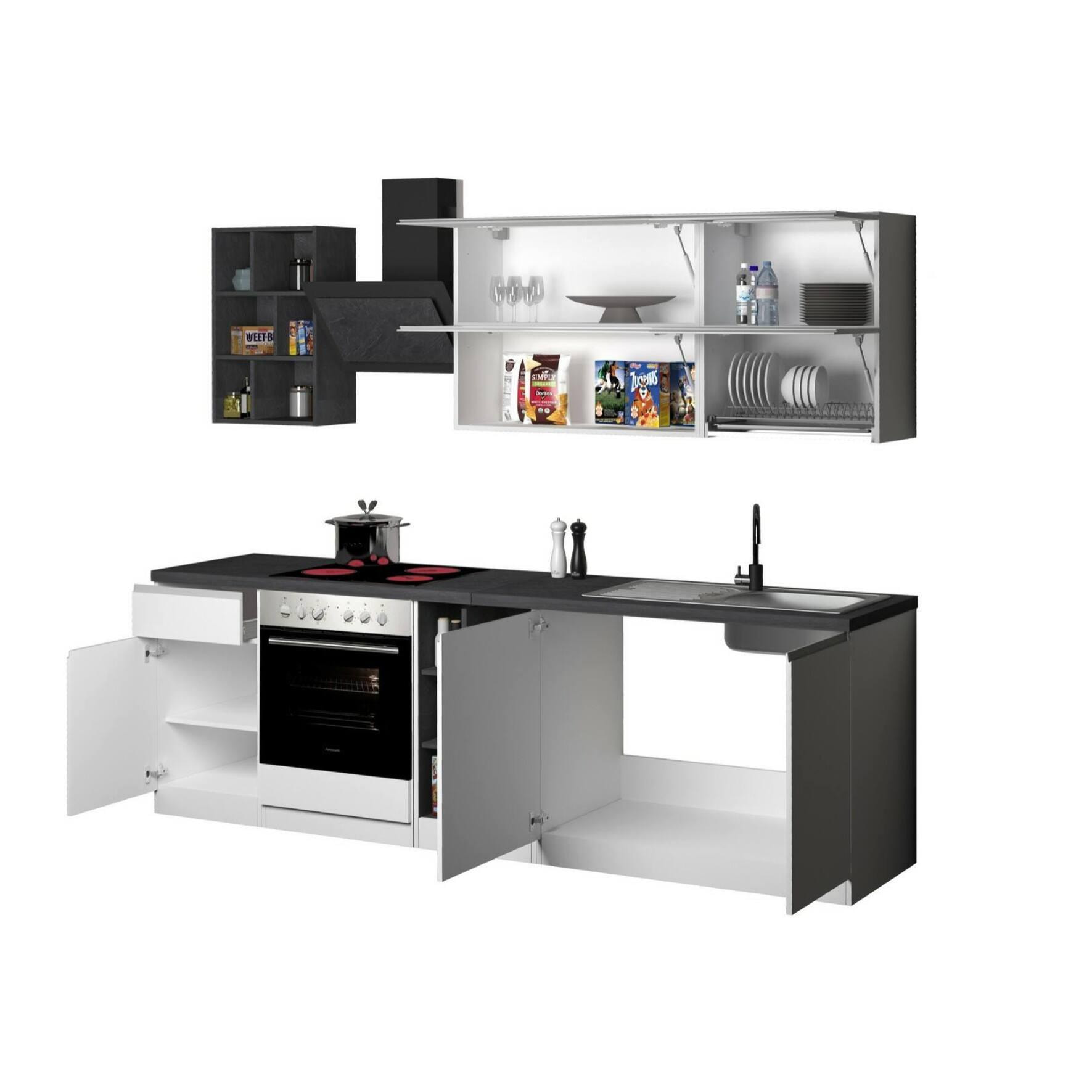 Cucina completa Dcastill, Cucina pratica e salvaspazio, Parete da cucina con 5 ante e 1 cassetto, 100% Made in Italy, 255x60h85 cm, Bianco lucido e Ardesia