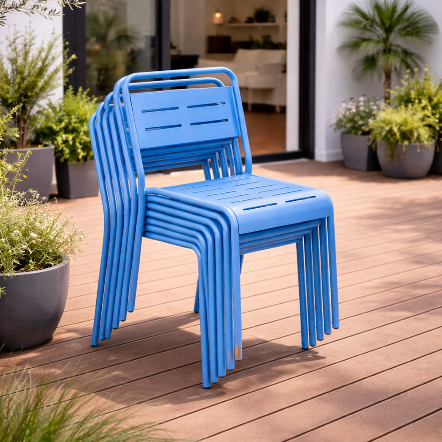 Lot de 6 chaises de jardin empilables bleues EVORA