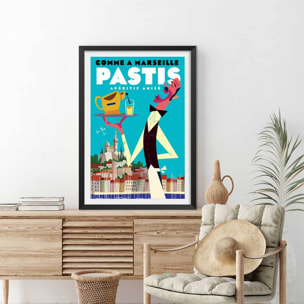 Poster un pastis sur le vieux port Affiche sous cadre noir