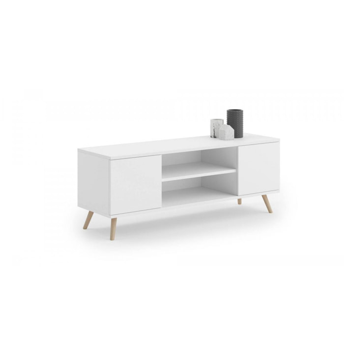 Mobile porta tv con 2 ante e 1 ripiano centrale, Credenza con piedini, Buffet da soggiorno in stile scandi, cm 155x40h50, colore Bianco