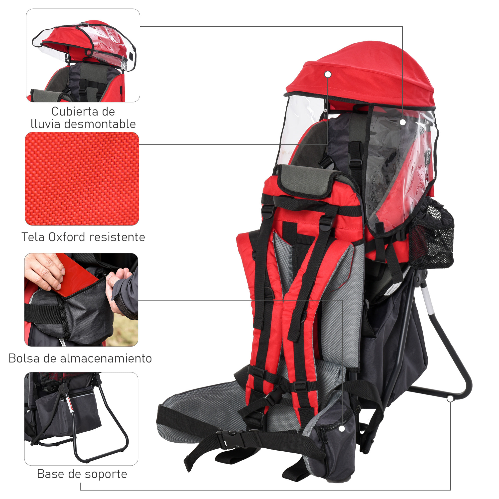 Mochila Portabebés Plegable con Techo Impermeable Bolsas para 6-36 Meses Rojo