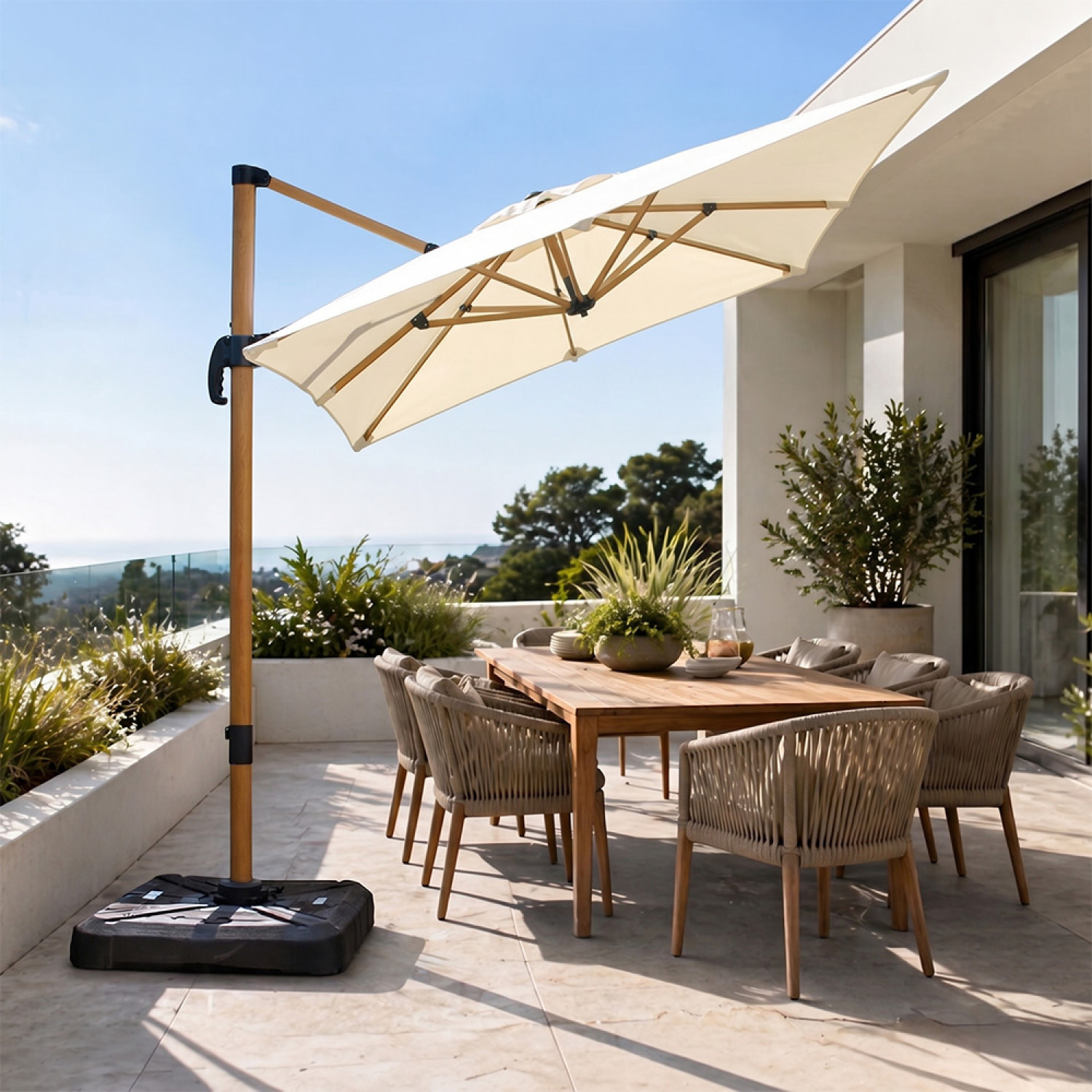 Parasol rectangulaire 2x3m déporté rotatif écru structure effet bois OTA