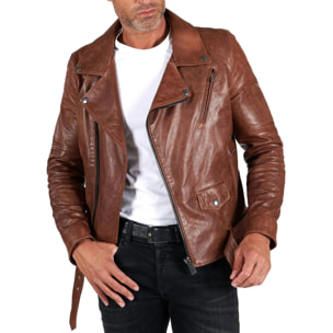 Chiodo biker in pelle cuoio con cintura effetto vintage