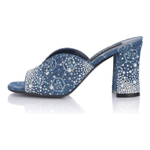 PHILIPP PLEIN Denim Mid Heels Platform Sandals Monogram Strass