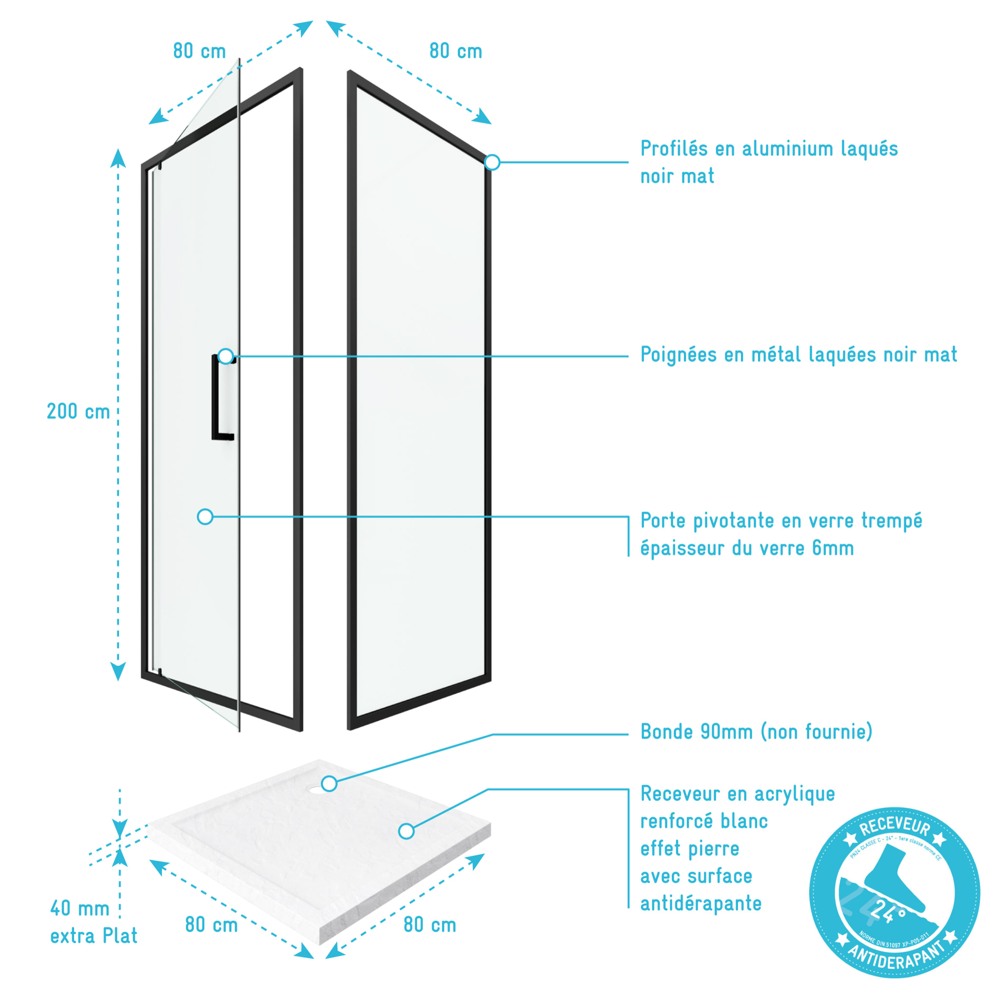 Porte de douche Pivotante et retour profilés noir + receveur a poser - 80x80x204cm - CRUSH PIVOTANTE